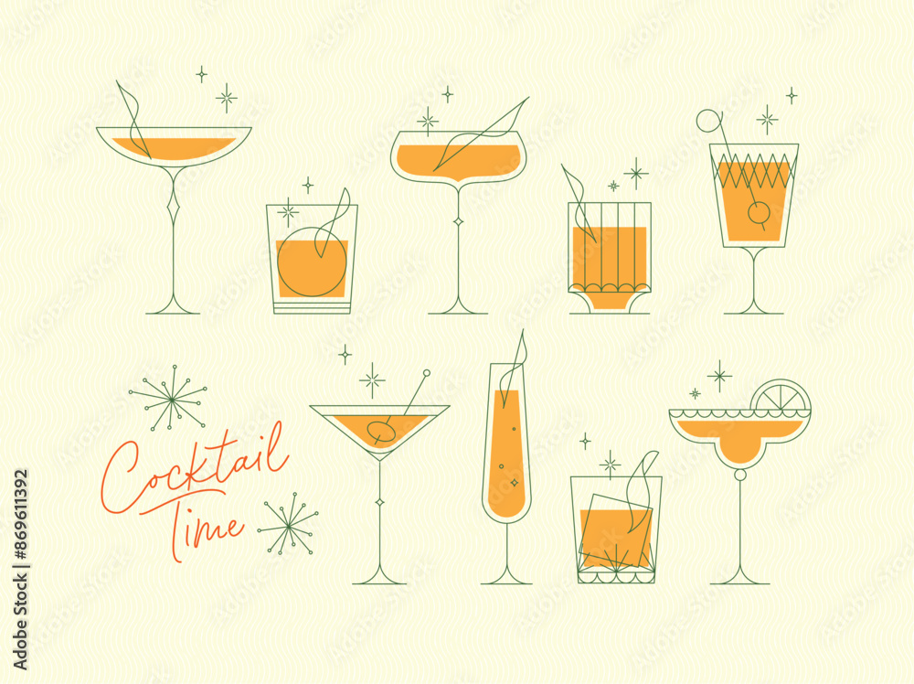 Cocktails time set with glasses drawing in retro style on yellow background