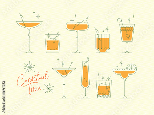 Obraz na płótnie Cocktails time set with glasses drawing in retro style on yellow background w salonie