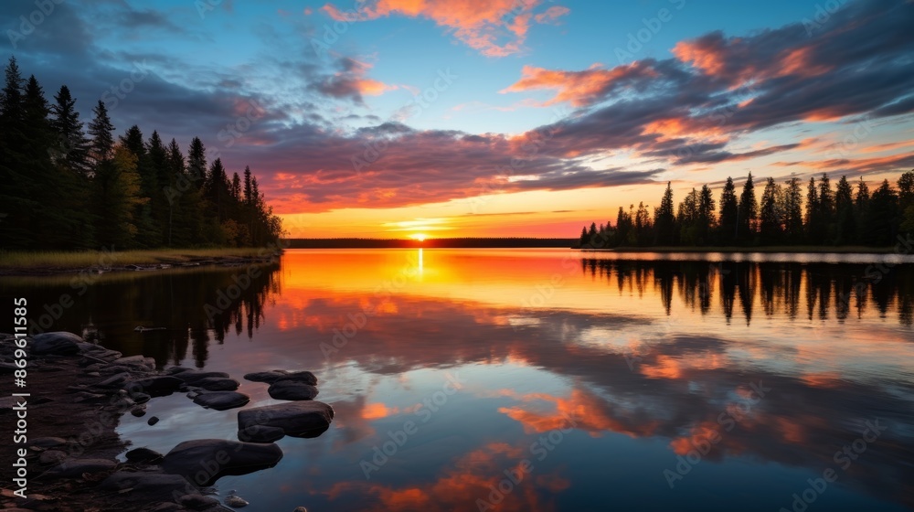 Obraz premium Sunset reflections over calm lake waters.