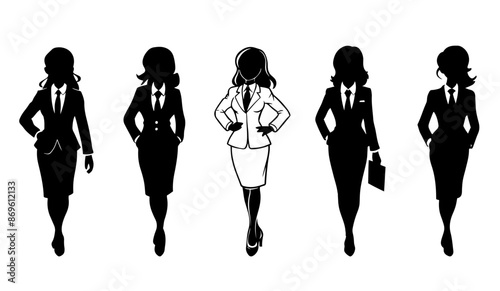 Ser of iconic business women and coroporate lady vector. Modern and beautiful women wearing suit and tie going for office. Graphic elements for t shirt, illustration, web, and banner. photo