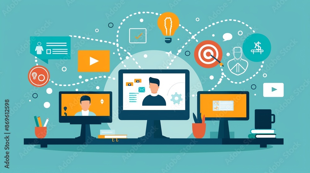 A desk with three computers displaying online video conferencing, surrounded by icons representing communication, learning, and business. A desk with three computers displaying online video conferencing, surrounded by icons representing communication, learning, and business.