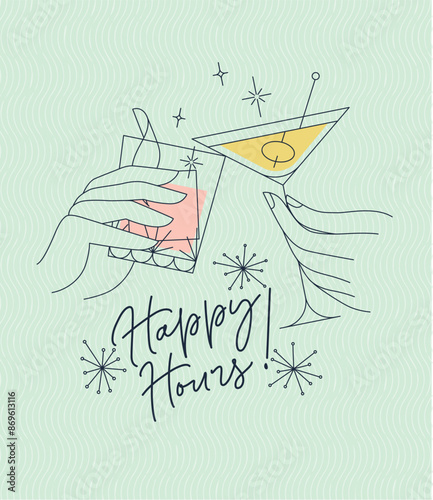 Poster clinking glasses with lettering happy hours drawing with color on green background