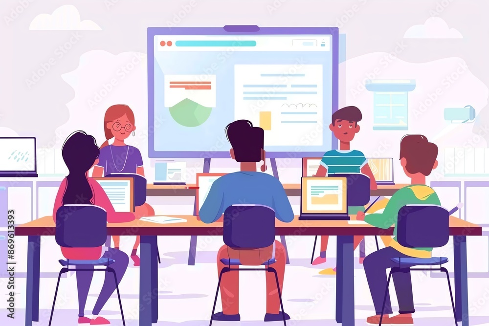 A diverse group of students learn computer skills in a classroom setting.