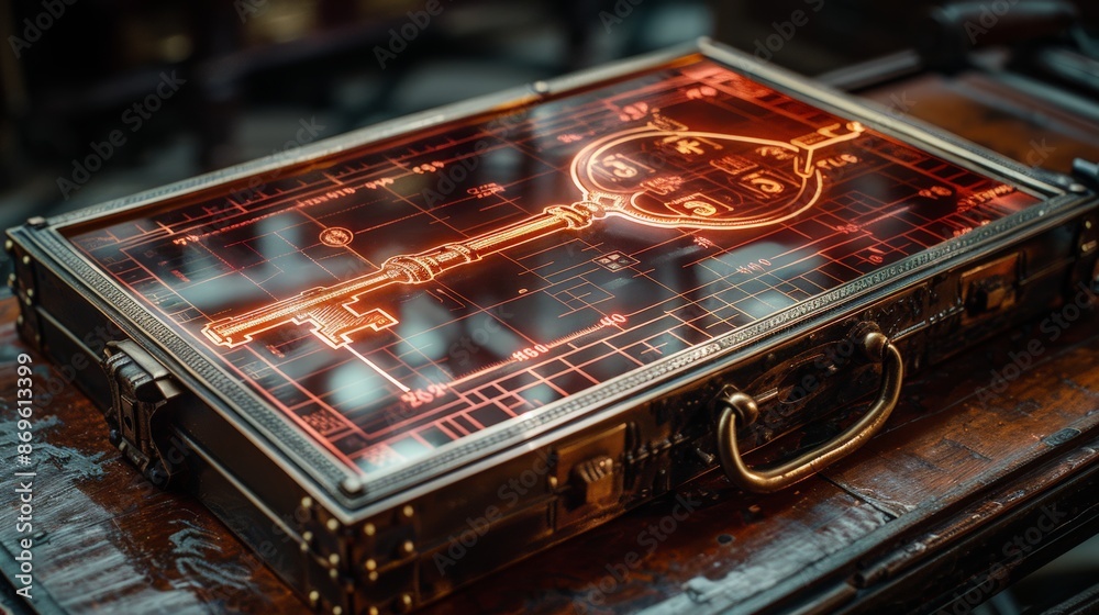 Obraz premium High-tech suitcase with holographic blueprint key, placed on wooden table, image blends vintage elements with futuristic technology, symbolizing security, innovation, and unlocking potential.
