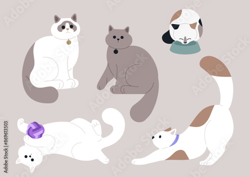A Feline Family Portrait, Five Cats in Playful Poses, A colorful illustration featuring animals in various poses, including one playing with a ball,  eating from a bowl, and another one stretching
