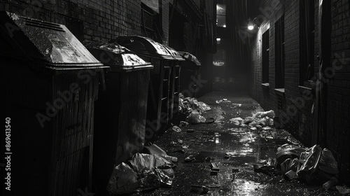 Dumpsters in a dark alley, overflowing with restaurant waste, dimly lit, noir style