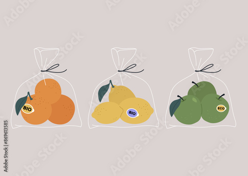 A digital illustration depicting three plastic bags filled with fresh produce,  containing oranges, lemons, and apples, all labeled with BIO and ECO stickers
