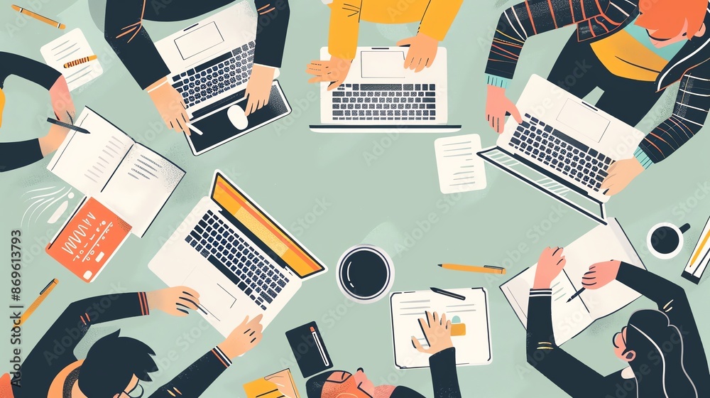 A group of people working together at a table with laptops, coffee, and papers. A group of people working together at a table with laptops, coffee, and papers.