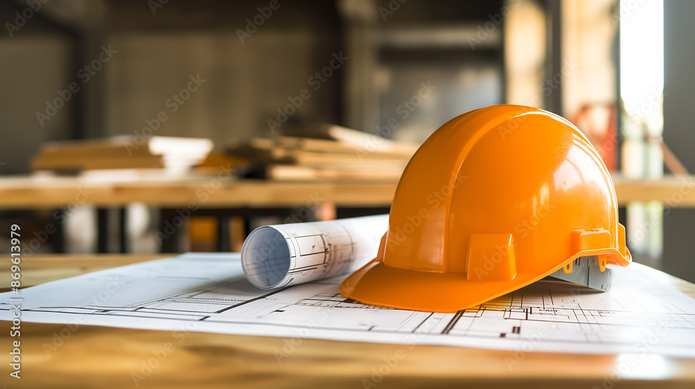 Yellow hard hat or construction helmet with safety tools on a rustic wooden table, ready for building or renovation work