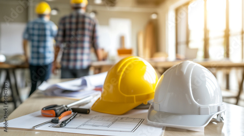 A construction worker in a yellow hard hat, essential safety equipment for the building industry, stands ready to work on the site
