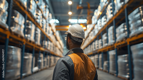 A smiling construction worker in a helmet stands on a busy city street with industrial buildings and workers in the background