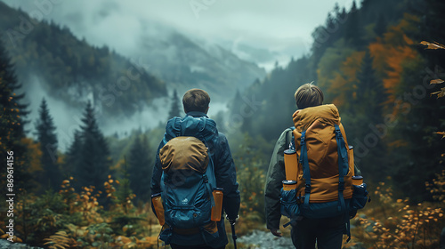 Group of hikers walking in the misty mountains on a summer day