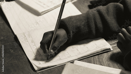 African child writing on a notebook