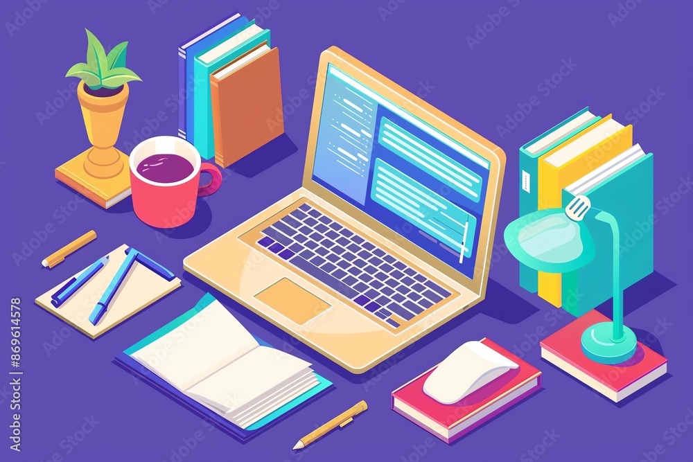An isometric illustration of a workspace with a laptop, books, coffee, and office supplies. Perfect for concepts related to work, study, or productivity. An isometric illustration of a workspace with a laptop, books, coffee, and office supplies. Perfect for concepts related to work, study, or productivity.