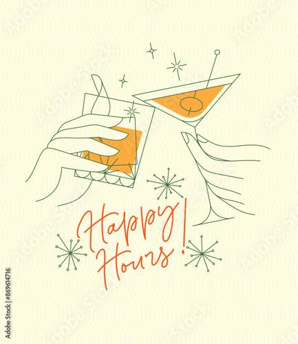 Obraz na płótnie Poster clinking glasses with lettering happy hours drawing with color on yellow background w salonie