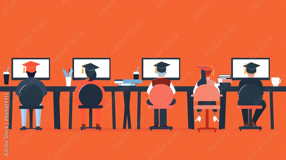 Five students wearing graduation caps sit at computers in a classroom ...