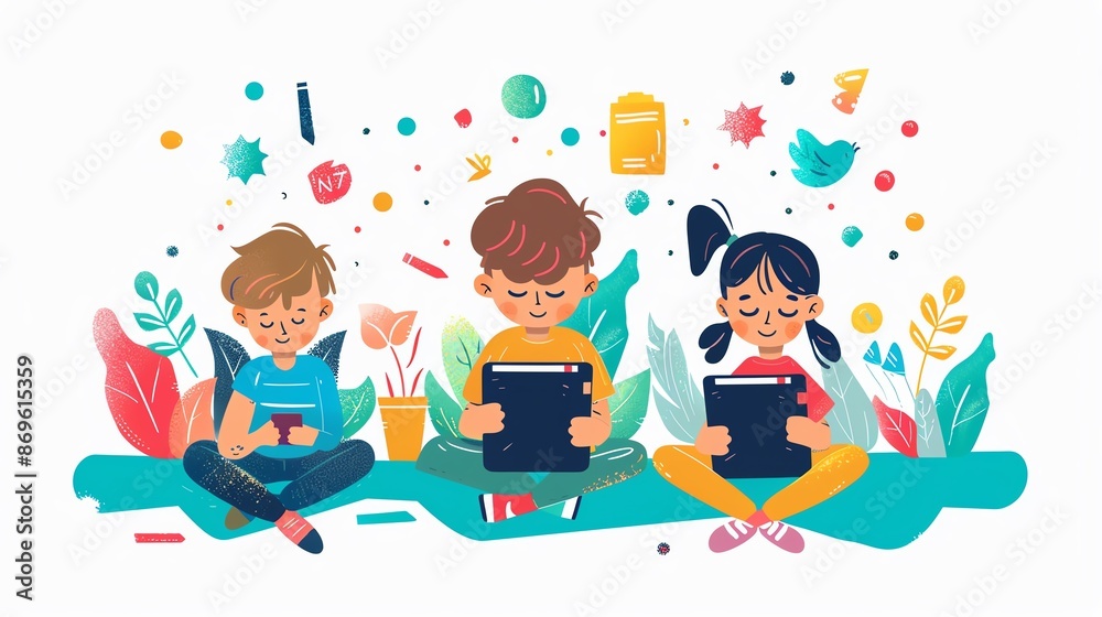 Three children are sitting on the floor, reading books and using tablets. They are surrounded by colorful school supplies and foliage. Three children are sitting on the floor, reading books and using tablets. They are surrounded by colorful school supplies and foliage.