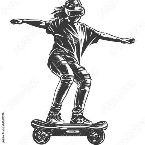 girl riding hoverboard with engraving style