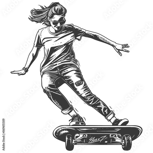 girl riding hoverboard with engraving style