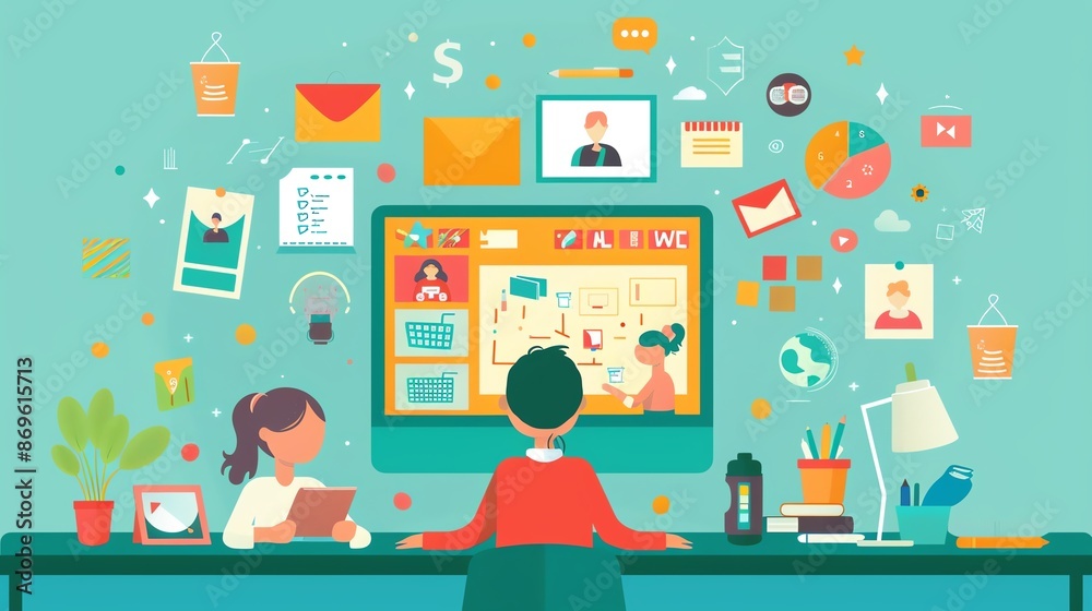 Two students are engaged in an online class, interacting with their teacher and classmates through a computer screen, surrounded by digital icons. Two students are engaged in an online class, interacting with their teacher and classmates through a computer screen, surrounded by digital icons.