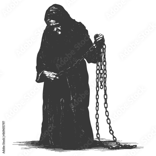 senior citizen woman slave with shackle in engraving style