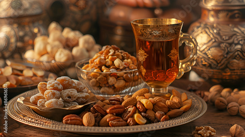 a cup of tea nuts and baklava nearby Turkish delight © Володимир Кучмійов