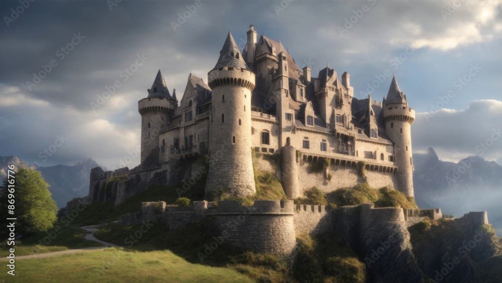 Fototapeta premium ancient Scotland castle in mountains under cloudy sky