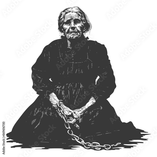 senior citizen woman slave with shackle in engraving style