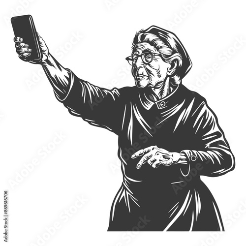 senior citizen woman taking selfie photo on smartphone with engraving style