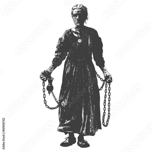 senior citizen woman slave with shackle in engraving style