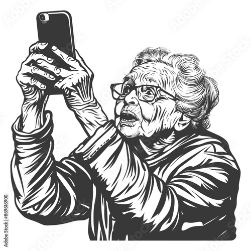 senior citizen woman taking selfie photo on smartphone with engraving style