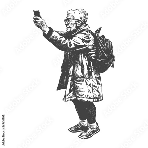 senior citizen woman taking selfie photo on smartphone with engraving style