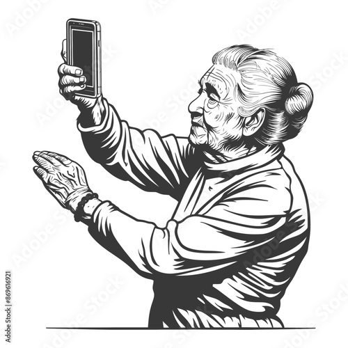 senior citizen woman taking selfie photo on smartphone with engraving style