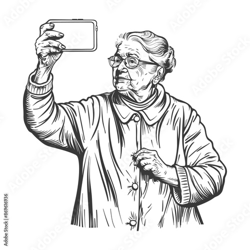 senior citizen woman taking selfie photo on smartphone with engraving style