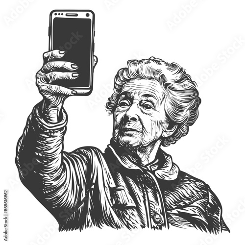 senior citizen woman taking selfie photo on smartphone with engraving style