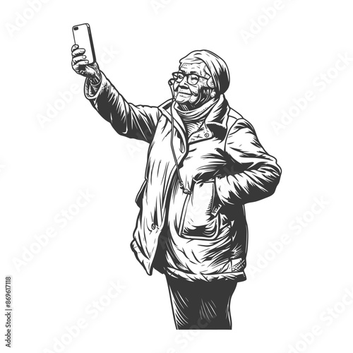 senior citizen woman taking selfie photo on smartphone with engraving style