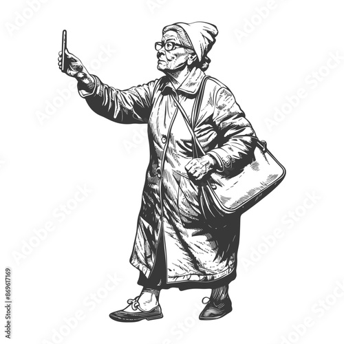 senior citizen woman taking selfie photo on smartphone with engraving style