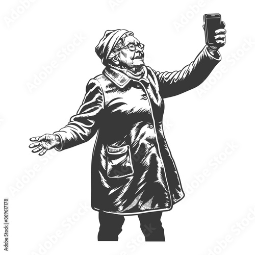 senior citizen woman taking selfie photo on smartphone with engraving style