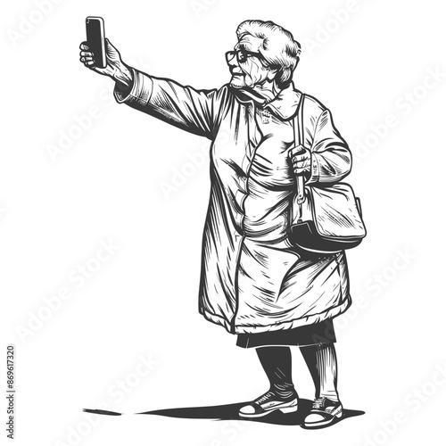 senior citizen woman taking selfie photo on smartphone with engraving style