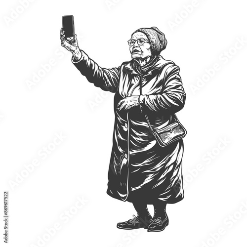 senior citizen woman taking selfie photo on smartphone with engraving style