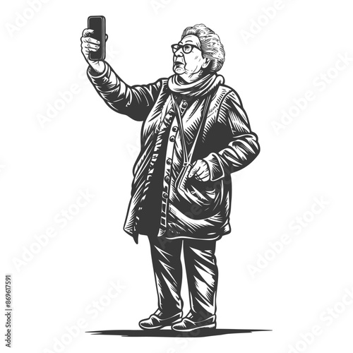 senior citizen woman taking selfie photo on smartphone with engraving style