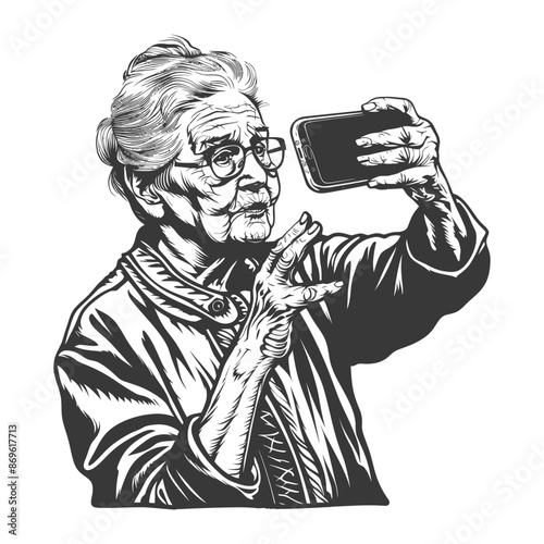 senior citizen woman taking selfie photo on smartphone with engraving style