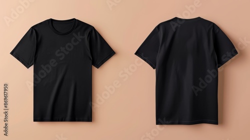 Plain black t-shirt mockup, front and back views, high-quality fabric texture, centered on a neutral background, perfect for showcasing designs photo