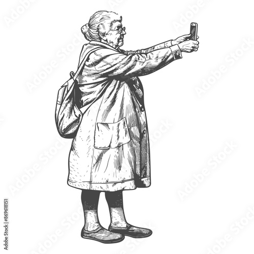 Grandma Selfie: Engraved Elderly Woman with Backpack and Smartphone.