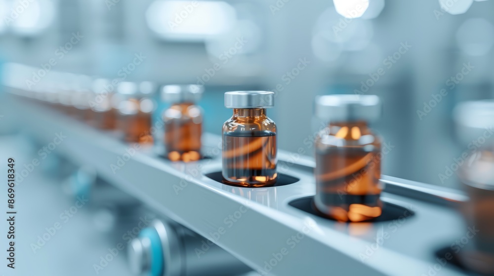 Medical vials on a fast-moving production line at a pharmaceutical factory, precision machinery in action, glass bottles being filled and sealed, high-tech environment with bright lighting Medical vials on a fast-moving production line at a pharmaceutical factory, precision machinery in action, glass bottles being filled and sealed, high-tech environment with bright lighting