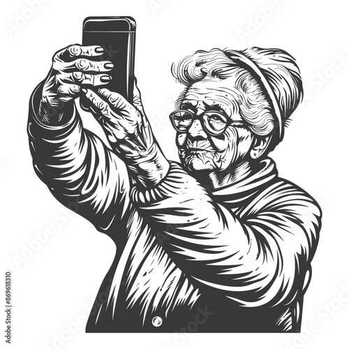 Grandma's Selfie: Wrinkled Hands Holding Phone, Vintage Style Line Art.