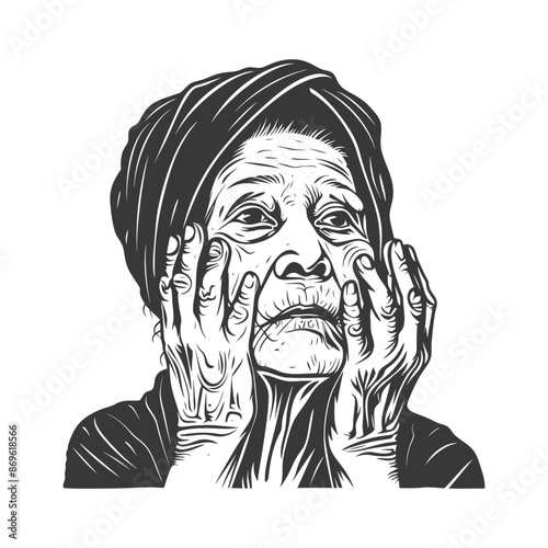 Contemplative Elder: Vector Portrait of Wrinkled Woman with Hands on Face, Black and White Illustration