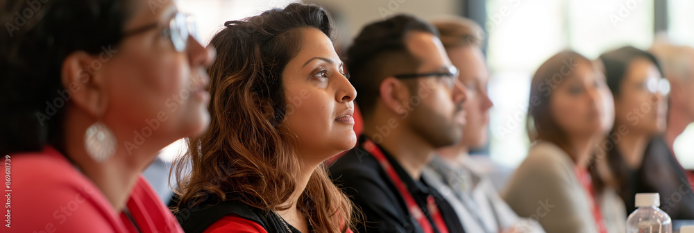 Obraz premium Engaged Diverse Audience Attending Professional Business Seminar in Modern Conference Room