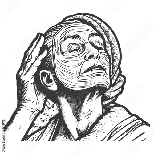 Engraved Woman: Facial Mask, Towel, Hand on Head, Eyes Closed, Relaxation, Skincare Treatment, Black and White Illustration