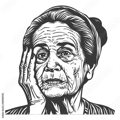 Etched Portrait: Pensive Elderly Woman with Hand to Face, Vintage Engraving Style.